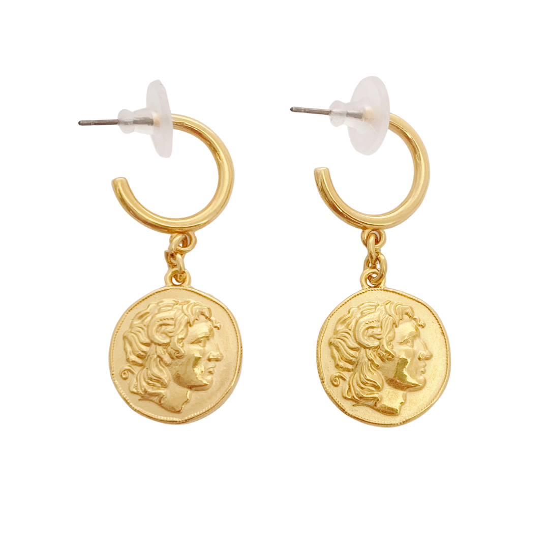 ALEXANDRA 24K GOLD PLATED HOOP EARRINGS WITH ALEXANDER THE GREAT ROUND DISC