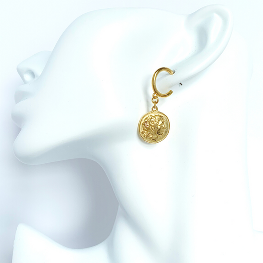 ALEXANDRA 24K GOLD PLATED HOOP EARRINGS WITH ALEXANDER THE GREAT ROUND DISC