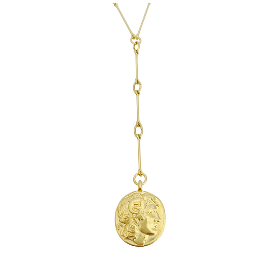 ALEXANDRA 24K GOLD PLATED HAND CRAFTED BAR LINK CHAIN LARIAT NECKLACE WITH ROUND ALEXANDER THE GREAT DISC