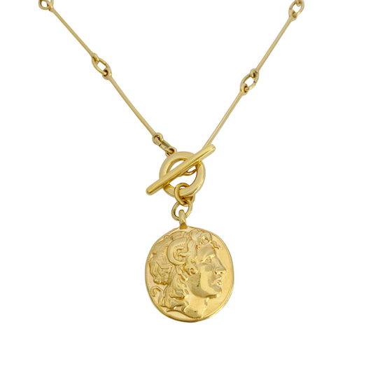 ALEXANDRA 24K GOLD PLATED HAND CRAFTED BAR LINK CHAIN NECKLACE WITH ALEXANDER THE GREAT ANCIENT GREEK COIN PENDANT