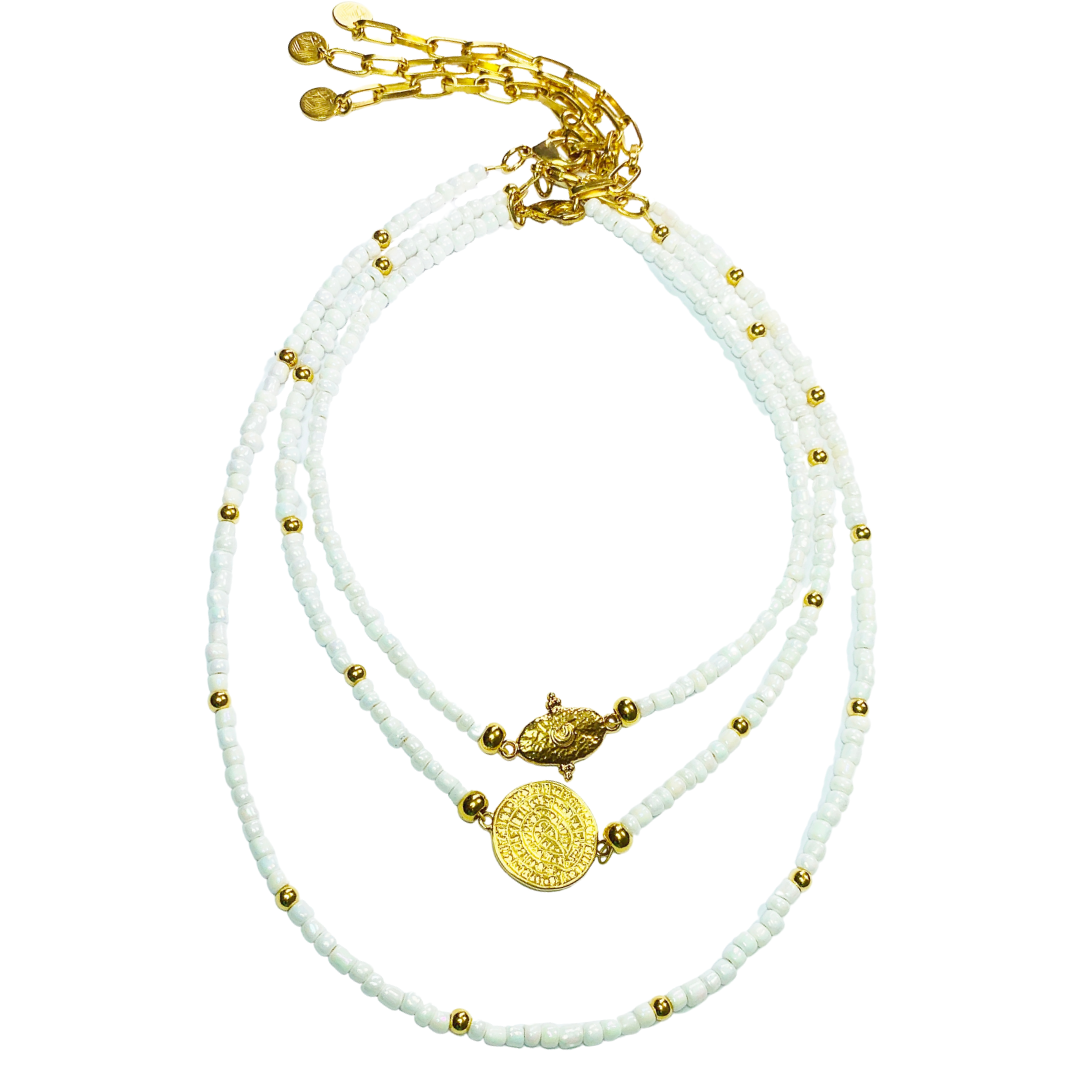 AMORGOS MIYUKI SEED BEAD NECKLACE WITH OVAL BYZANTINE PENDANT IN WHITE