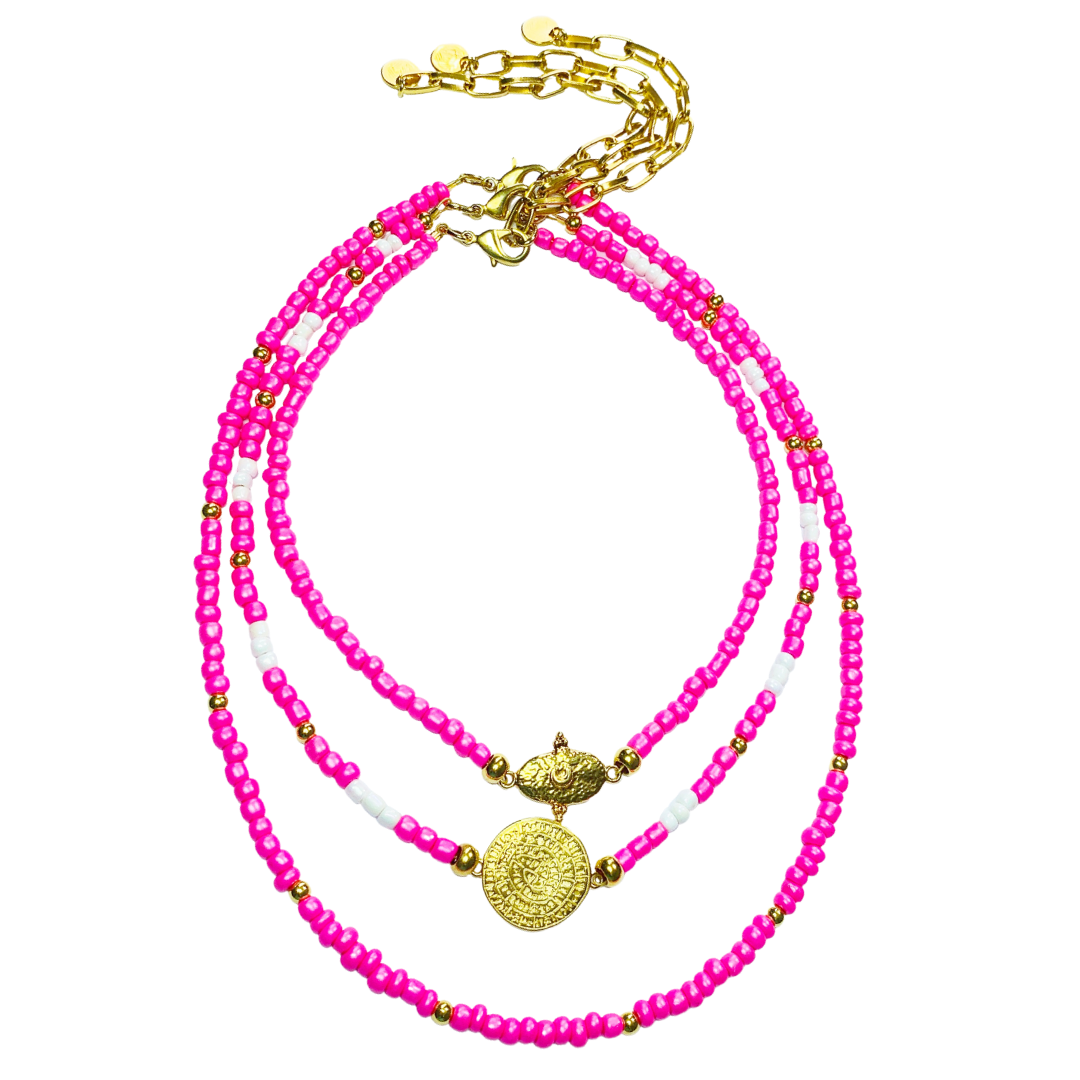 ANDROS MIYUKI SEED BEAD NECKLACE WITH ROUND PHAISTOS DISC PENDANT IN FUCHSIA/WHITE