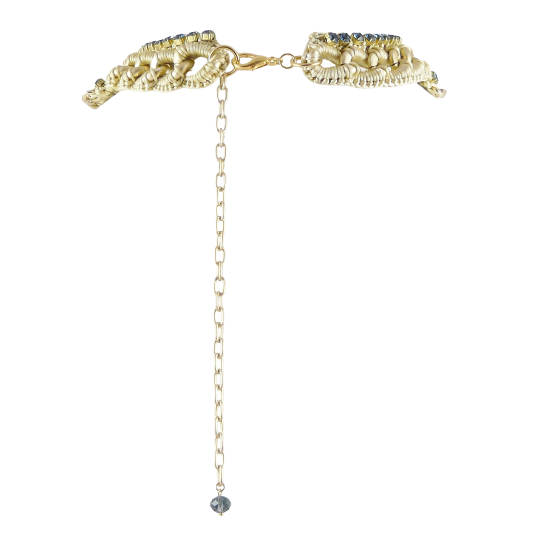 ARIADNE BIB NECKLACE IN BEIGE GOLD SILK THREAD AND NAVY SWAROVSKI CRYSTAL CUP CHAIN AND 24K GOLD PLATED CHAIN DETAIL