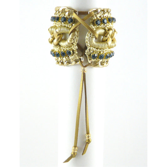 ARIADNE CUFF BRACELET IN BEIGE GOLD SILK THREAD AND NAVY SWAROVSKI CRYSTAL CUP CHAIN AND 24K GOLD PLATED CHAIN DETAIL