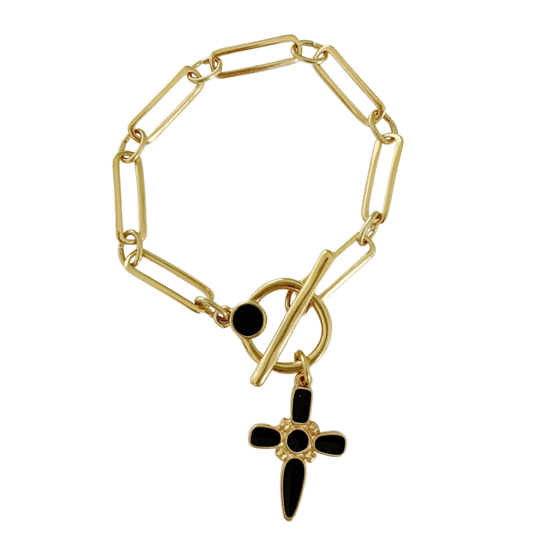 ARTEMIS BRACELETS 24K GOLD PLATED PAPERCLIP CHAIN AND ENAMEL CROSS PENDANT IN BLACK