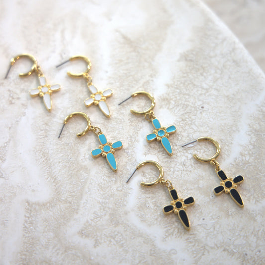 ARTEMIS 24K GOLD PLATED HOOP EARRINGS WITH ENAMEL CROSS IN BLACK OR TURQUOISE OR WHITE