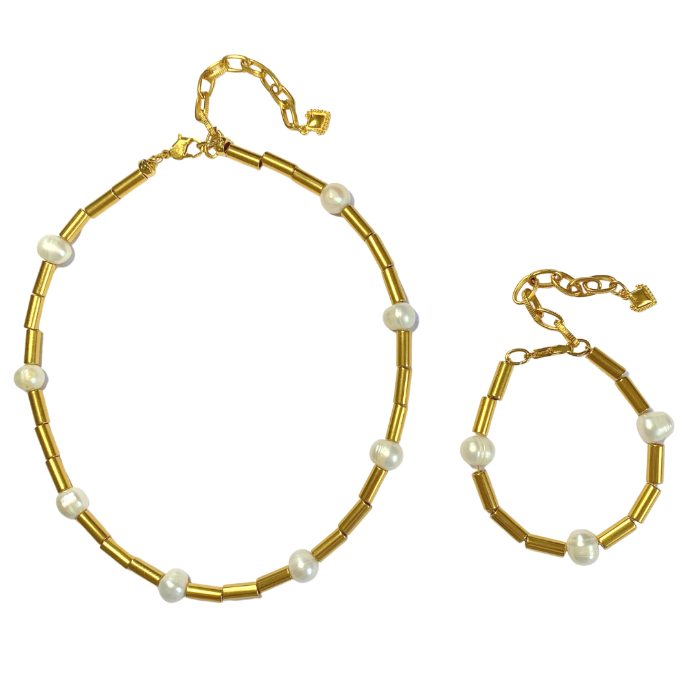 ATHENAIS NECKLACE AND BRACELET WITH GOLD TUBE BEADS AND FRESHWATER NUGGET PEARLS