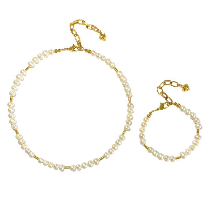 AURELIA FRESHWATER NUGGET PEARL AND GOLD TUBE BRACELET AND NECKLACE