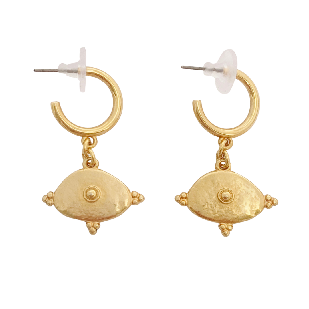 BYZANTINE 24K GOLD PLATED HOOP EARRINGS WITH BYZANTINE OVAL PENDANT