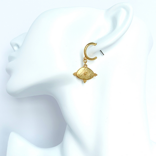 BYZANTINE 24K GOLD PLATED HOOP EARRINGS WITH BYZANTINE OVAL PENDANT