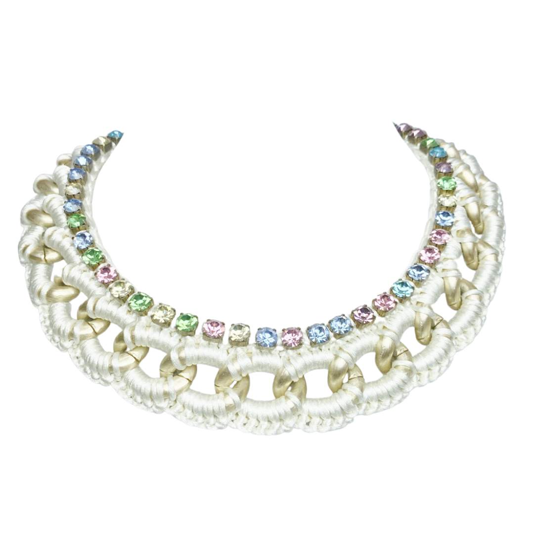 CLIO BIB NECKLACE IN CREAM SILK THREAD AND MULTI SWAROVSKI CRYSTAL CUP CHAIN DETAIL