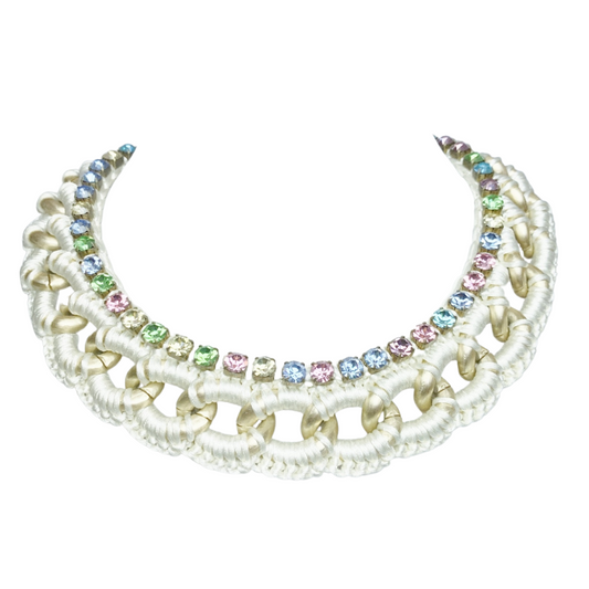 CLIO BIB NECKLACE IN CREAM SILK THREAD AND MULTI SWAROVSKI CRYSTAL CUP CHAIN DETAIL
