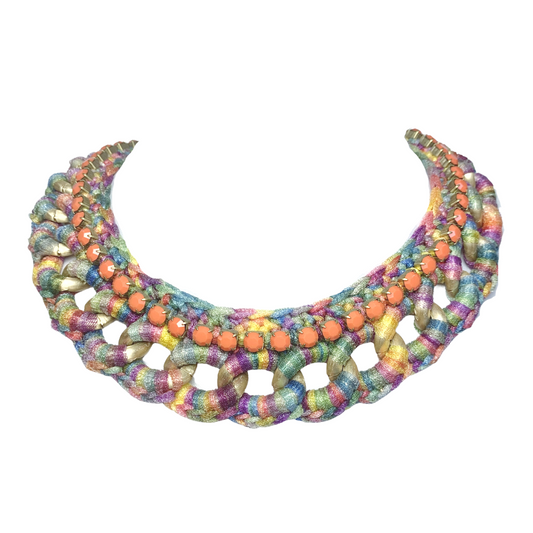 CLIO BIB NECKLACE IN MULTI SILK THREAD AND ORANGE OPAQUE SWAROVSKI CRYSTAL CUP CHAIN DETAIL
