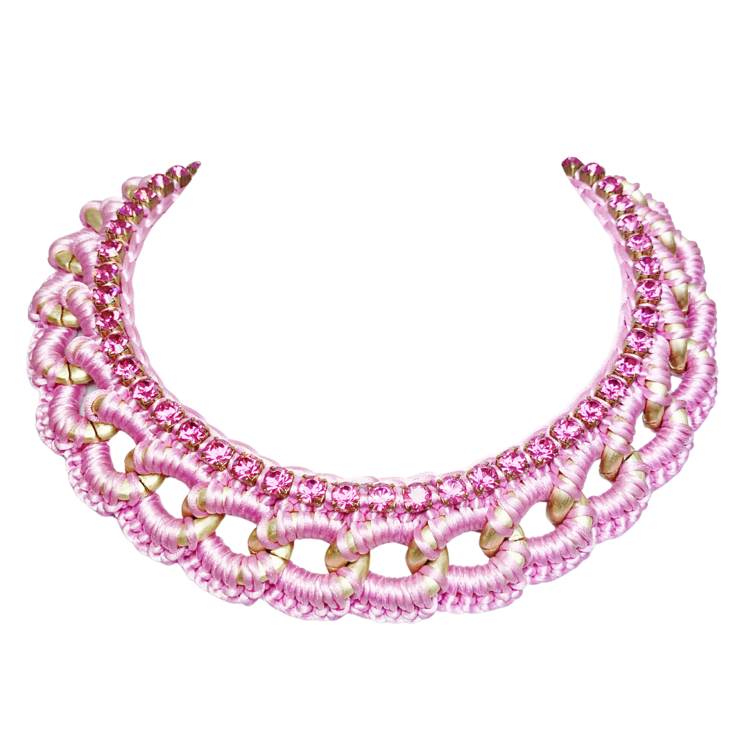 CLIO BIB NECKLACE IN PINK SILK THREAD AND FUCHSIA SWAROVSKI CUP CHAIN DETAIL
