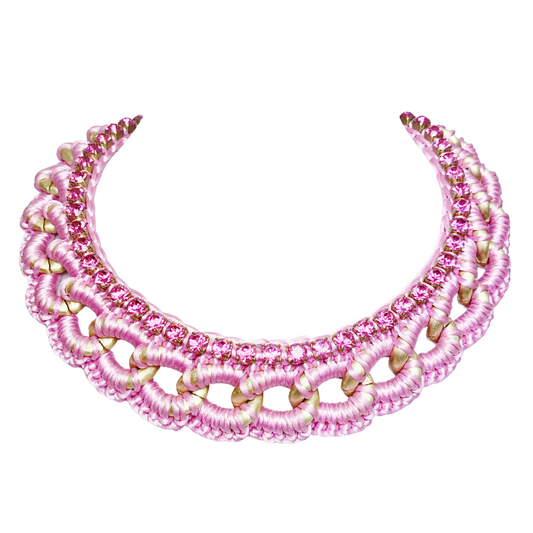 CLIO BIB NECKLACE IN PINK SILK THREAD AND FUCHSIA SWAROVSKI CUP CHAIN DETAIL