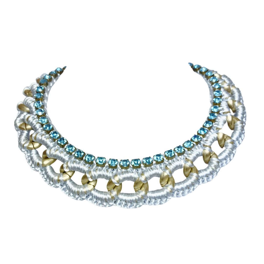 CLIO BIB NECKLACE IN PALE BLUE SILK THREAD AND AQUAMARINE SWAROVSKI CRYSTAL CUP CHAIN DETAIL