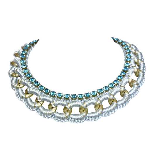 CLIO BIB NECKLACE IN PALE BLUE SILK THREAD AND AQUAMARINE SWAROVSKI CRYSTAL CUP CHAIN DETAIL