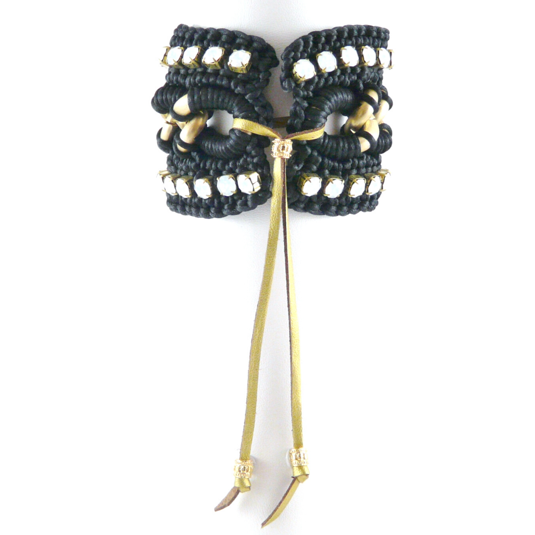 CLIO CUFF BRACELET IN BLACK SILK THREAD AND WHITE OPAQUE SWAROVSKI CRYSTAL CUP CHAIN DETAIL