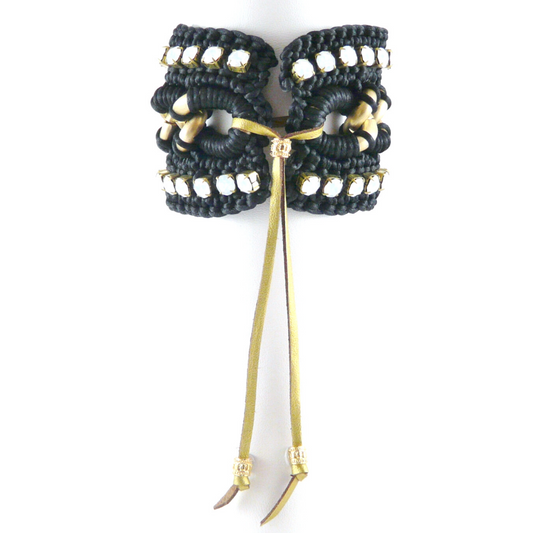 CLIO CUFF BRACELET IN BLACK SILK THREAD AND WHITE OPAQUE SWAROVSKI CRYSTAL CUP CHAIN DETAIL