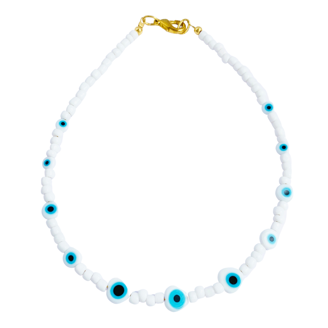 EYE CATCHING EYE NECKLACE WITH WHITE MIYUKI SEED BEADS AND WHITE EYE BEADS