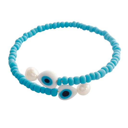 EYE CATCHING WRAP BRACELET WITH TURQUOISE MIYUKI SEED BEADS, WHITE EYE BEADS AND FRESHWATER PEARLS