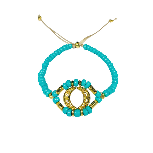 EYE LOVE BRACELET WITH TURQUOISE MYUKI SEED BEADS AND 24K GOLD PLATED METAL ADJUSTABLE BRACELET