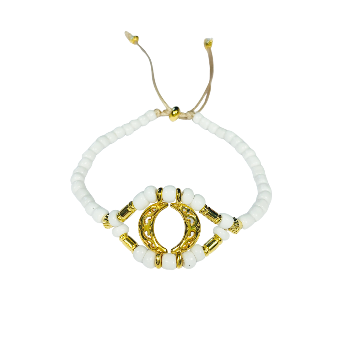 EYE LOVE BRACELET WITH WHITE MYUKI SEED BEADS AND 24K GOLD PLATED METAL ADJUSTABLE BRACELET