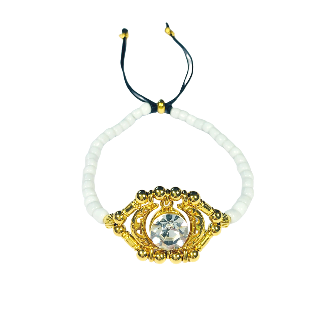 EYE SEE YOU BRACELET WITH WHITE MIYUKI SEED BEADS AND CLEAR SWAROVSKI CRYSTAL CENTRE - ADJUSTABLE