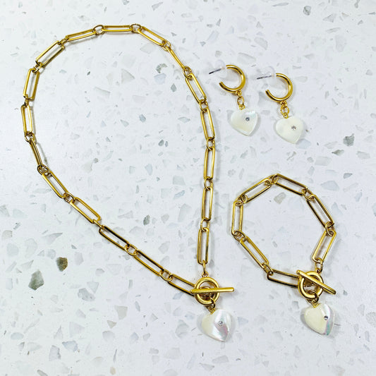 GAIA 24K GOLD PLATED PAPERCLIP CHAIN BRACELET, NECKLACE AND EARRINGS WITH MOTHER OF PEARL HEART PENDANT