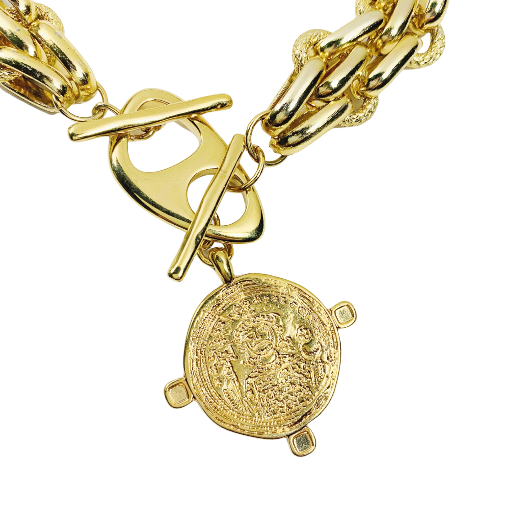 HERA NECKLACE 24K GOLD PLATED CHAIN WITH TOGGLE CLASP CLOSURE AND ROUND BYZANTINE SAINT PENDANT