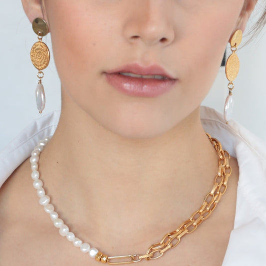 JUSTINA 24K GOLD PLATED GRECIAN DISC AND FRESHWATER COIN PEARL EARRINGS