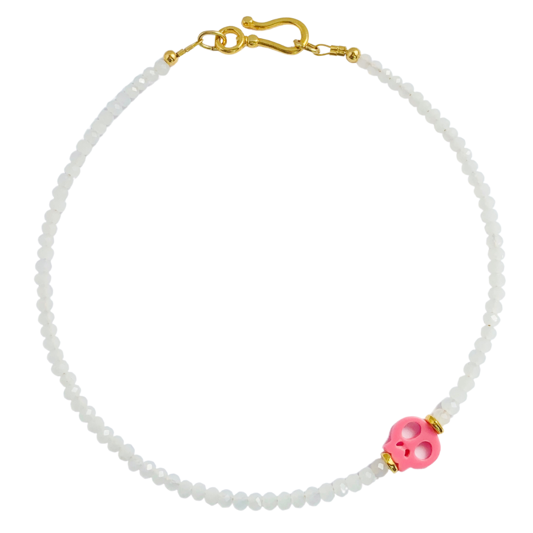 KEA NECKLACE WITH WHITE OPAQUE AUSTRIAN CRYSTALS AND PINK SKULL