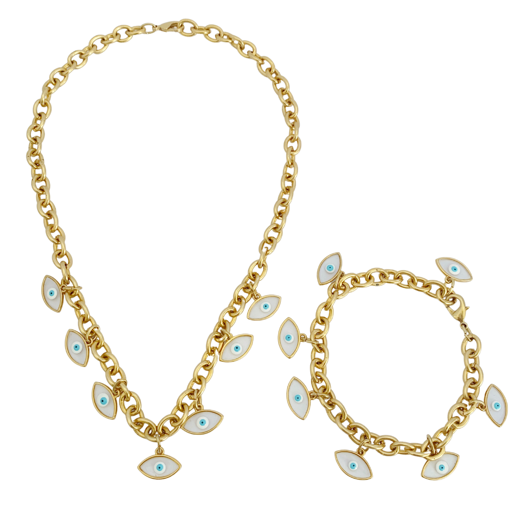 LETO EYE NECKLACE AND BRACELET 24K GOLD PLATED BELCHER CHAIN WITH VITRAUX EYE PENDANTS