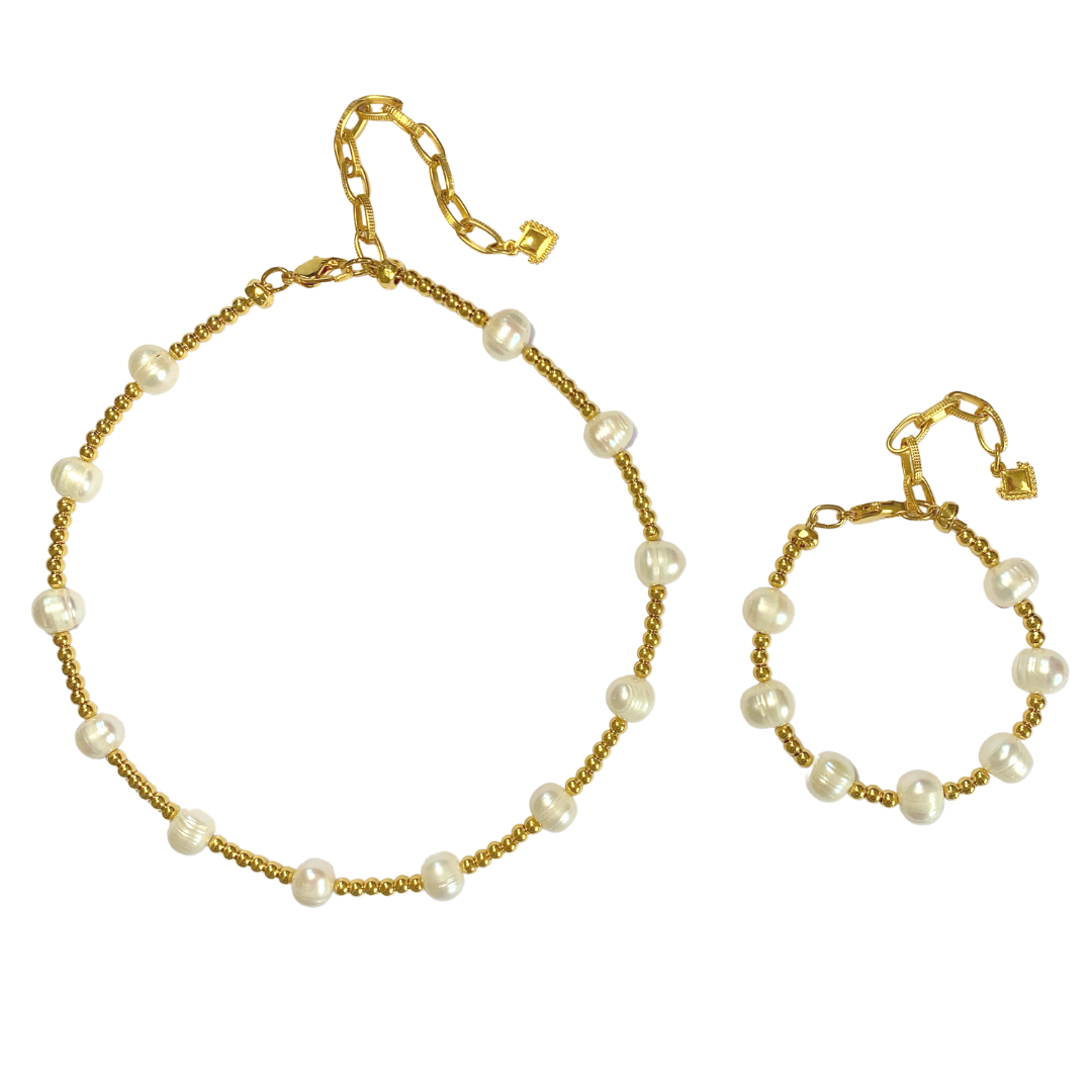 MADDALENA BRACELET AND NECKLACE WITH FRESHWATER PEARL AND GOLD PLATED SMALL BEADS