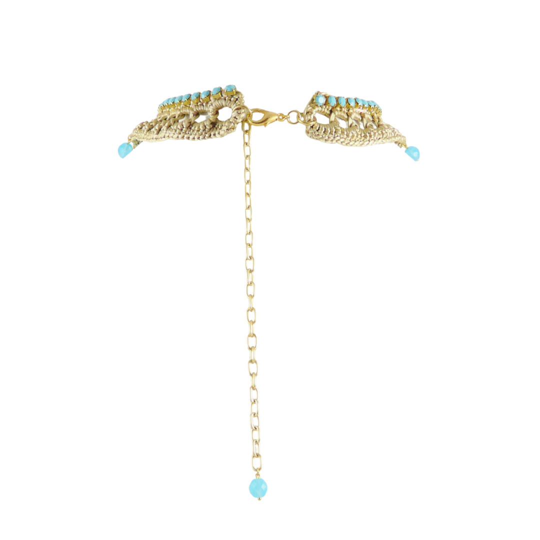 MAIA BIB CUFF IN BEIGE SILK THREAD AND TURQUOISE OPAQUE SWAROVSKI CRYSTAL CUP CHAIN AND TURQUOISE OPAQUE SWAROVSKI BEAD DROPS