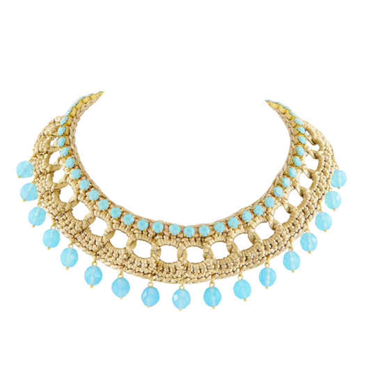 MAIA BIB CUFF IN BEIGE SILK THREAD AND TURQUOISE OPAQUE SWAROVSKI CRYSTAL CUP CHAIN AND TURQUOISE OPAQUE SWAROVSKI BEAD DROPS