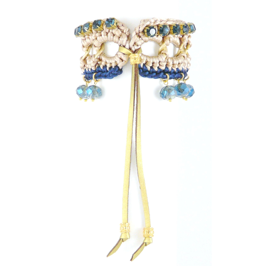 MAIA CUFF BRACELET IN BEIGE AND NAVY SILK THREAD AND NAVY SWAROVSKI CUP CHAIN DETAIL WITH NAVY SWAROVSKI CRYSTAL BEAD DROPS