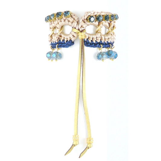 MAIA CUFF BRACELET IN BEIGE AND NAVY SILK THREAD AND NAVY SWAROVSKI CUP CHAIN DETAIL WITH NAVY SWAROVSKI CRYSTAL BEAD DROPS