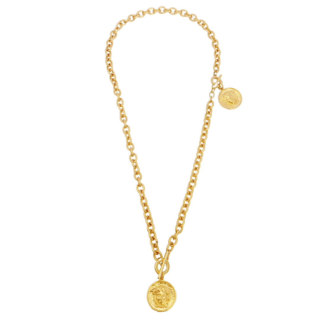 MEDUSA BRACELET AND NECKLACE CONNECTED IN 24K GOLD PLATED BELCHER CHAIN AND MEDUSA PENDANT