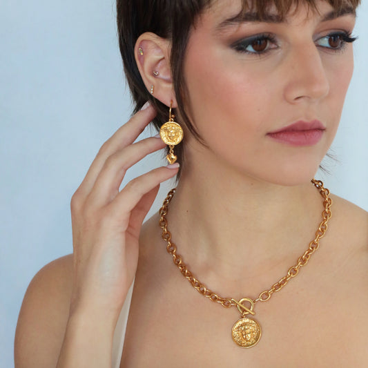 MEDUSA 24K GOLD PLATED FINE HOOP EARRINGS WITH MEDUSA DISC