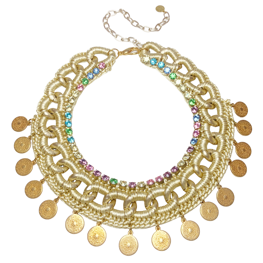 METIS BIB NECKLACE IN GOLDEN BEIGE SILK THREAD AND MULTI COLOURED SWAROVSKI CRYSTAL CUP CHAIN AND 24K GOLD PLATED DISC DROPS