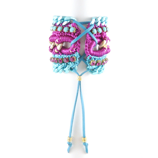 MUSES CUFF BRACELET IN FUCHSIA AND TURQUOISE SILK THREAD AND FUCHSIA AND OPAQUE TURQUOISE SWAROVSKI CRYSTAL CUP CHAIN AND TURQUOISE CHAIN DETAIL