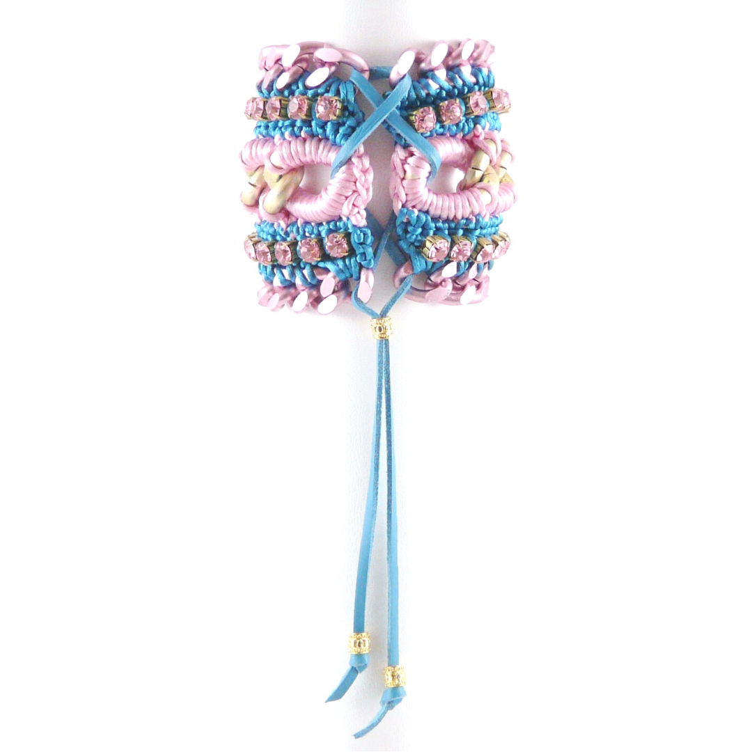 MUSES CUFF BRACELET IN PINK AND TEAL SILK THREAD AND VINTAGE PINK SWAROVSKI CRYSTAL CUP CHAIN AND PINK CHAIN DETAIL