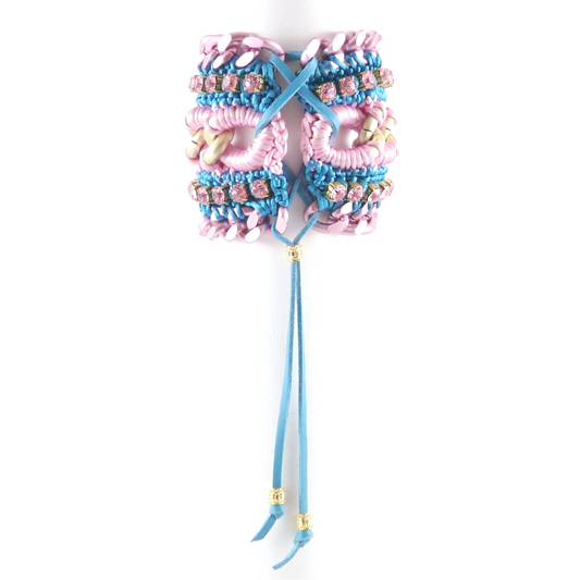 MUSES CUFF BRACELET IN PINK AND TEAL SILK THREAD AND VINTAGE PINK SWAROVSKI CRYSTAL CUP CHAIN AND PINK CHAIN DETAIL