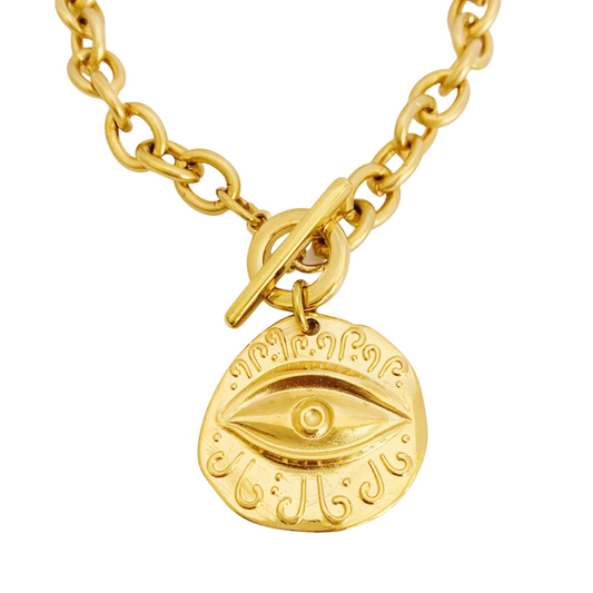 MYRTIS BRACELET IN 24K GOLD PLATED BELCHER CHAIN AND ROUND EYE PENDANT