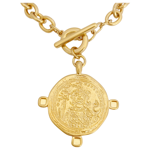 NOSSIS BRACELET IN 24K GOLD PLATED BELCHER CHAIN AND ROUND BYZANTINE SAINT PENDANT