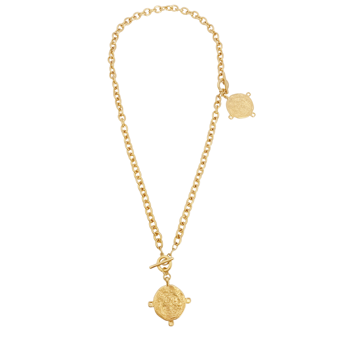 NOSSIS NECKLACE AND BRACELET CONNECTED IN 24K GOLD PLATED BELCHER CHAIN AND ROUND BYZANTINE SAINT PENDANT