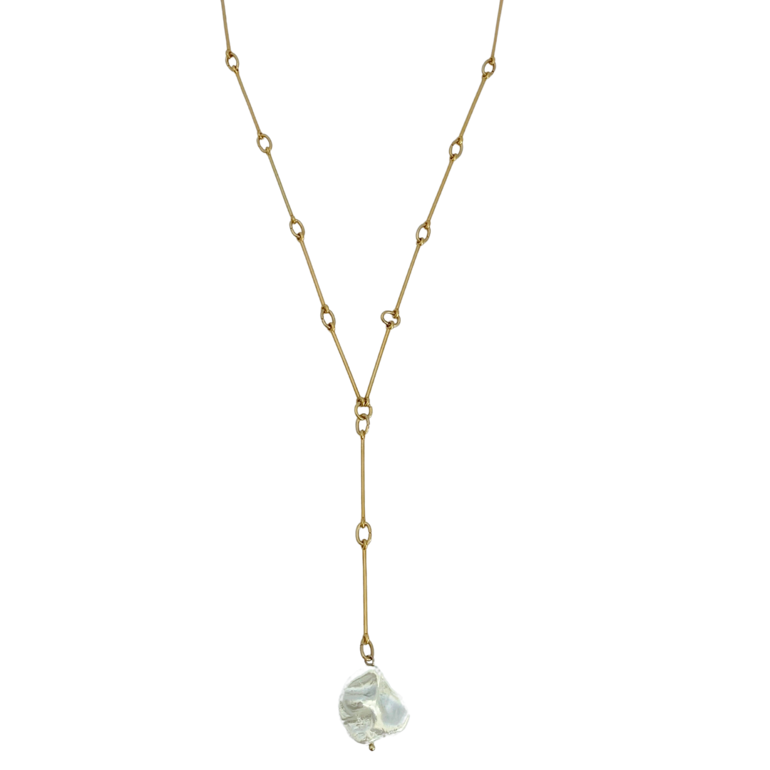 OCEANUS 24K GOLD PLATED HAND CRAFTED BAR LINK CHAIN LARIAT NECKLACE WITH BAROQUE FRESHWATER PEARL DROP