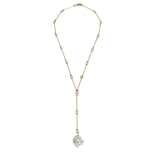 OCEANUS 24K GOLD PLATED HAND CRAFTED BAR LINK CHAIN LARIAT NECKLACE WITH BAROQUE FRESHWATER PEARL DROP