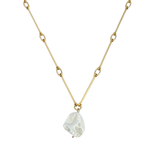 OCEANUS 24K GOLD PLATED HAND CRAFTED BAR LINK CHAIN NECKLACE WITH BAROQUE FRESH WATER PEARL DROP